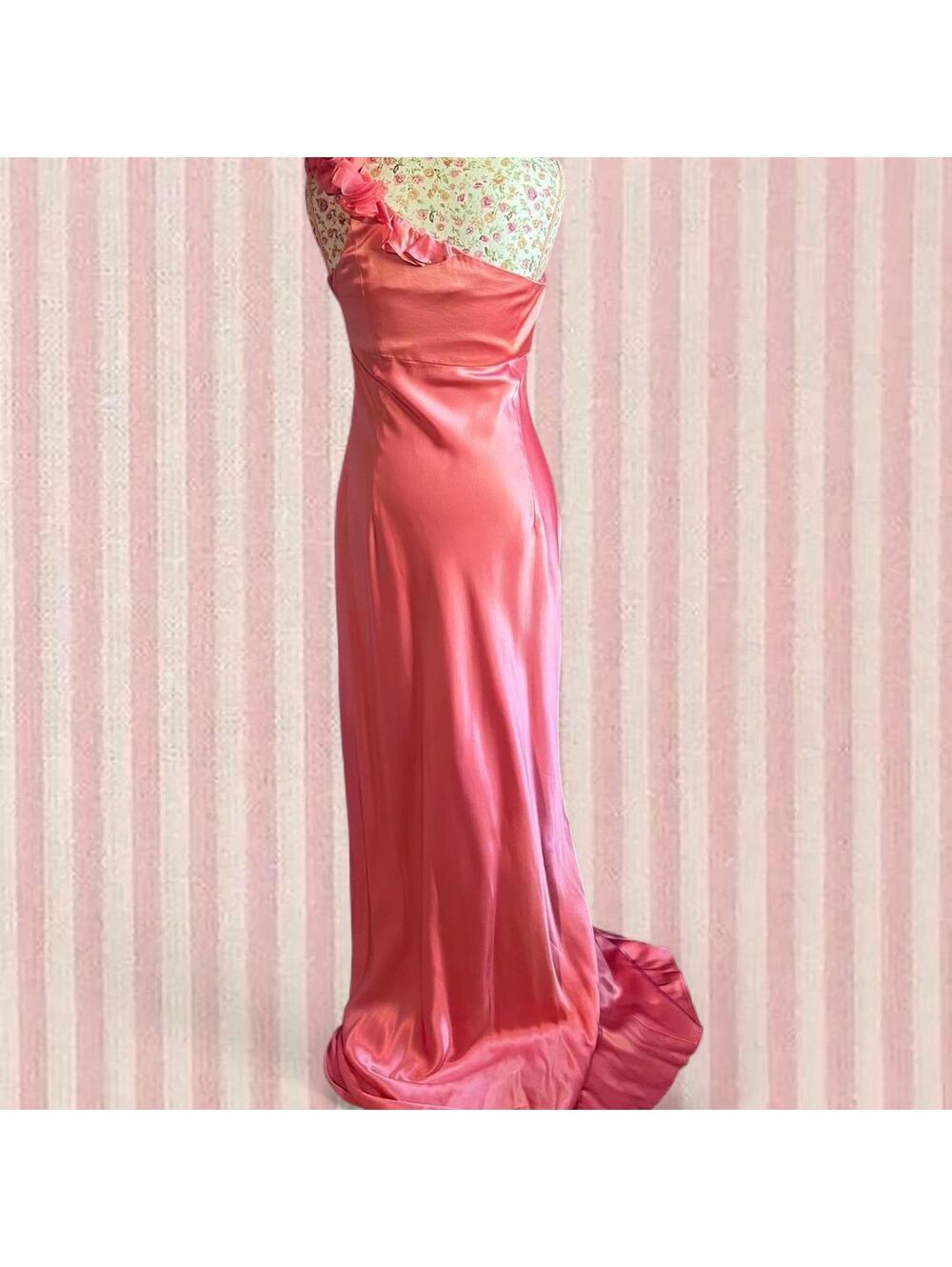 silk pink floor length dress with floral ruffles - Picture 4 of 8